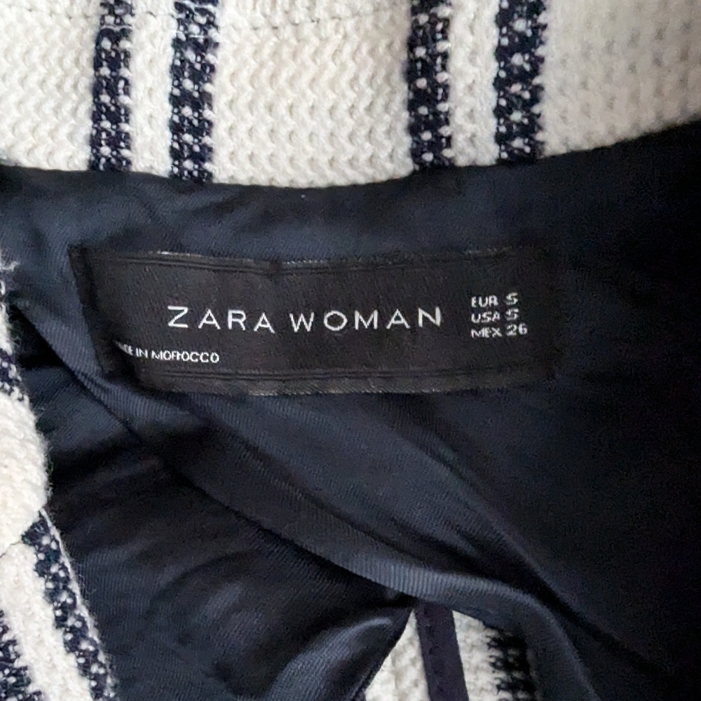 Zara Textured Knit Striped Blazer XS Ivory Navy Gold Button Nautical Preppy - Picture 7 of 12